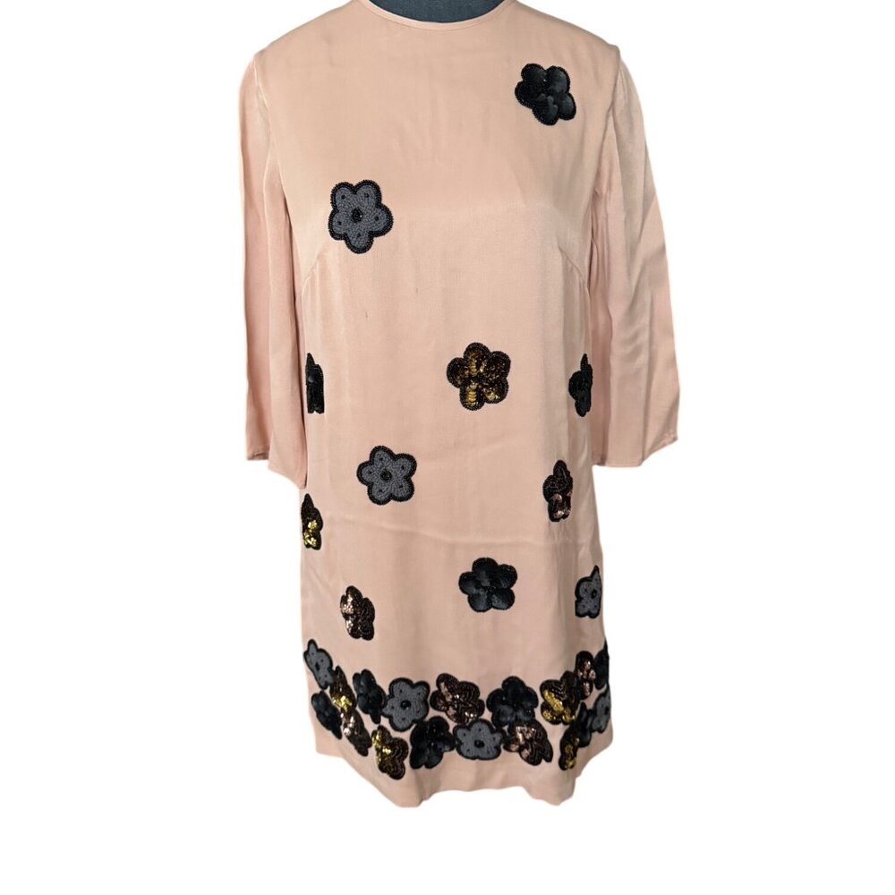 French Connection Shift Dress With Black & Gold Floral Sequin Embellishments Siz - Picture 2 of 9